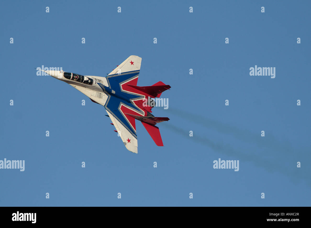 MIG 29 Fulcrum of the Russian Air Force performing at the Al Ain airshow United Arab Emirates 2007 Stock Photo