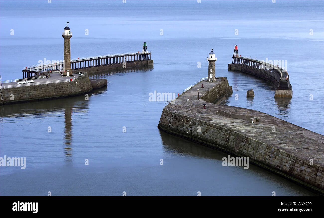 Whitby Harbour seen from St Mary's Church, high on the cliffs above Whitby, North Yorkshire, UK Stock Photo