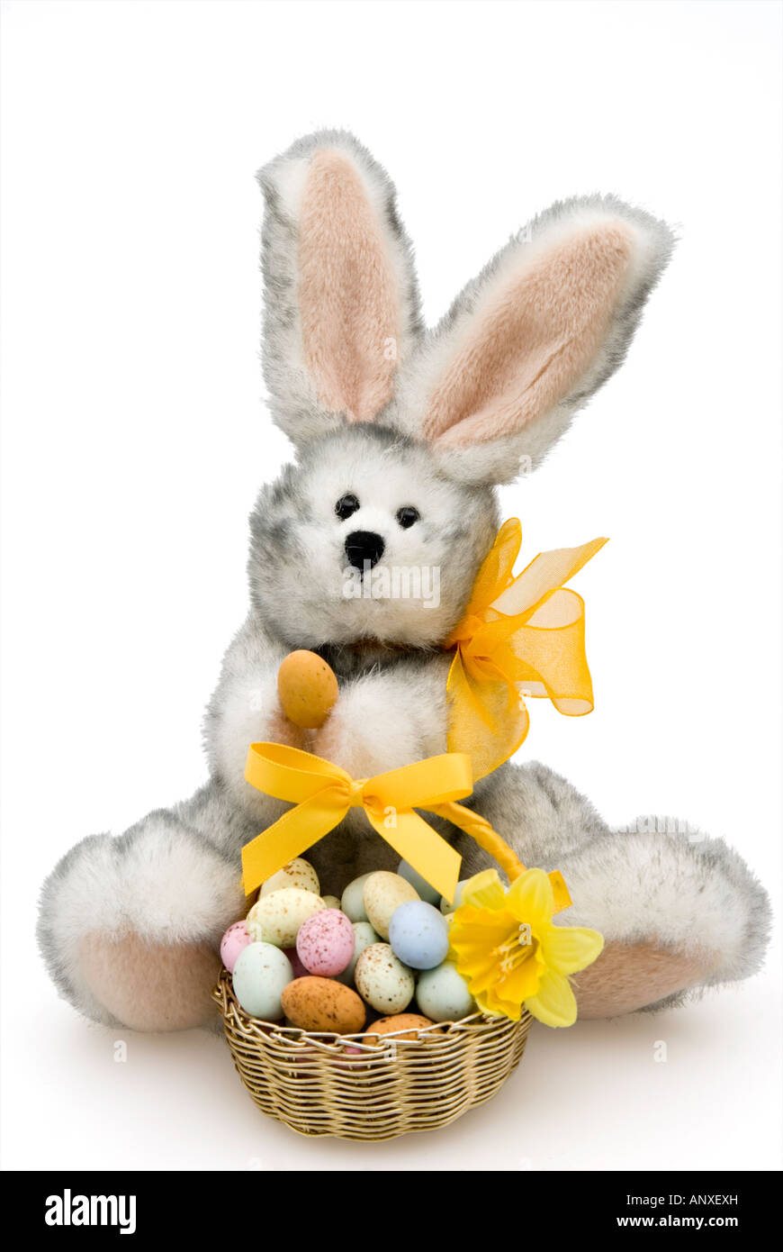 TEDDY BEAR CLIP-ON WHITE BUNNY EARS EASTER EGG BASKET:SOFT-CUDDLY:NORTH AMERICAN 