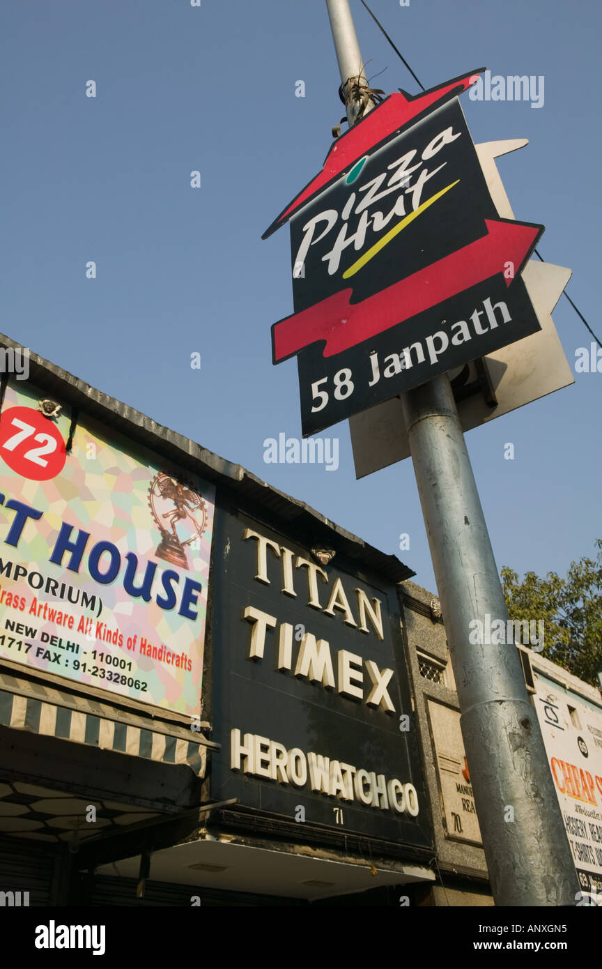 INDIA, Delhi, Connaught Place Sign for Pizza Hut Restaurant / Janpath