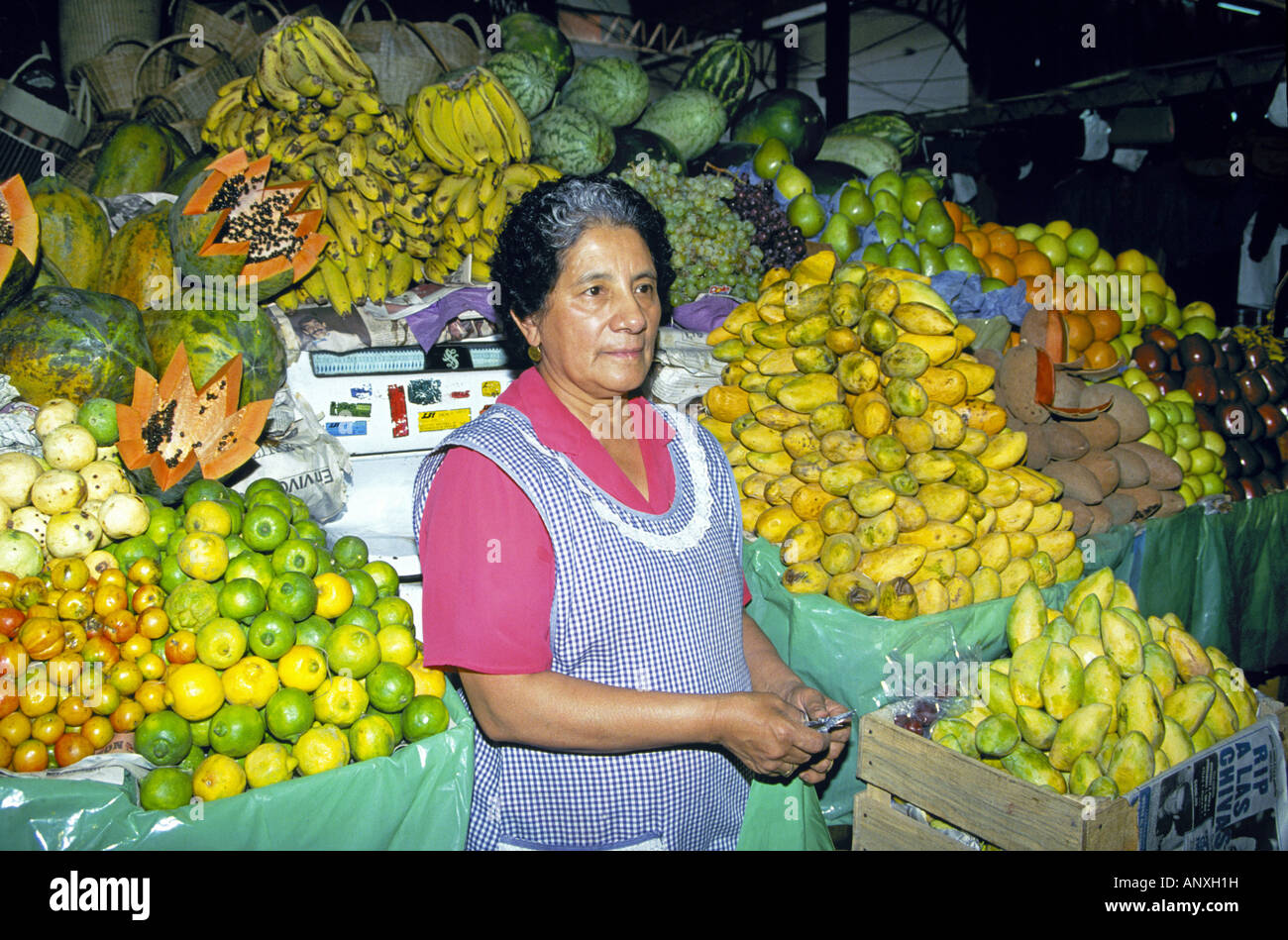 A Mexican woman sells fresh fruits and vegetables many from the rain forest in a large open farmer s market in Cancun, Mexico. Stock Photo
