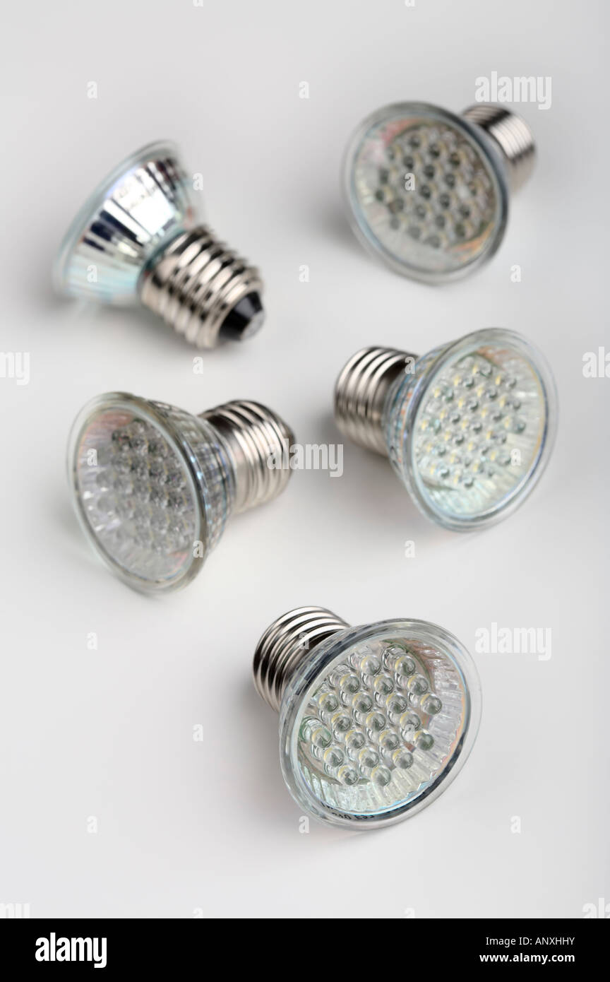 Five LED bulb lights with standard E27 Edison screw connector Stock Photo