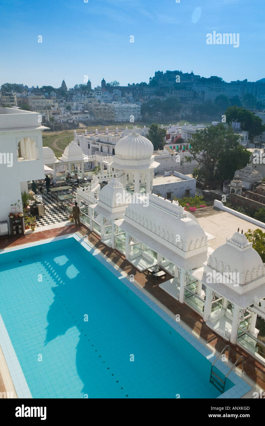 INDIA, Rajasthan, Udaipur: City View from Udai Kothi Hotel Pool Stock Photo
