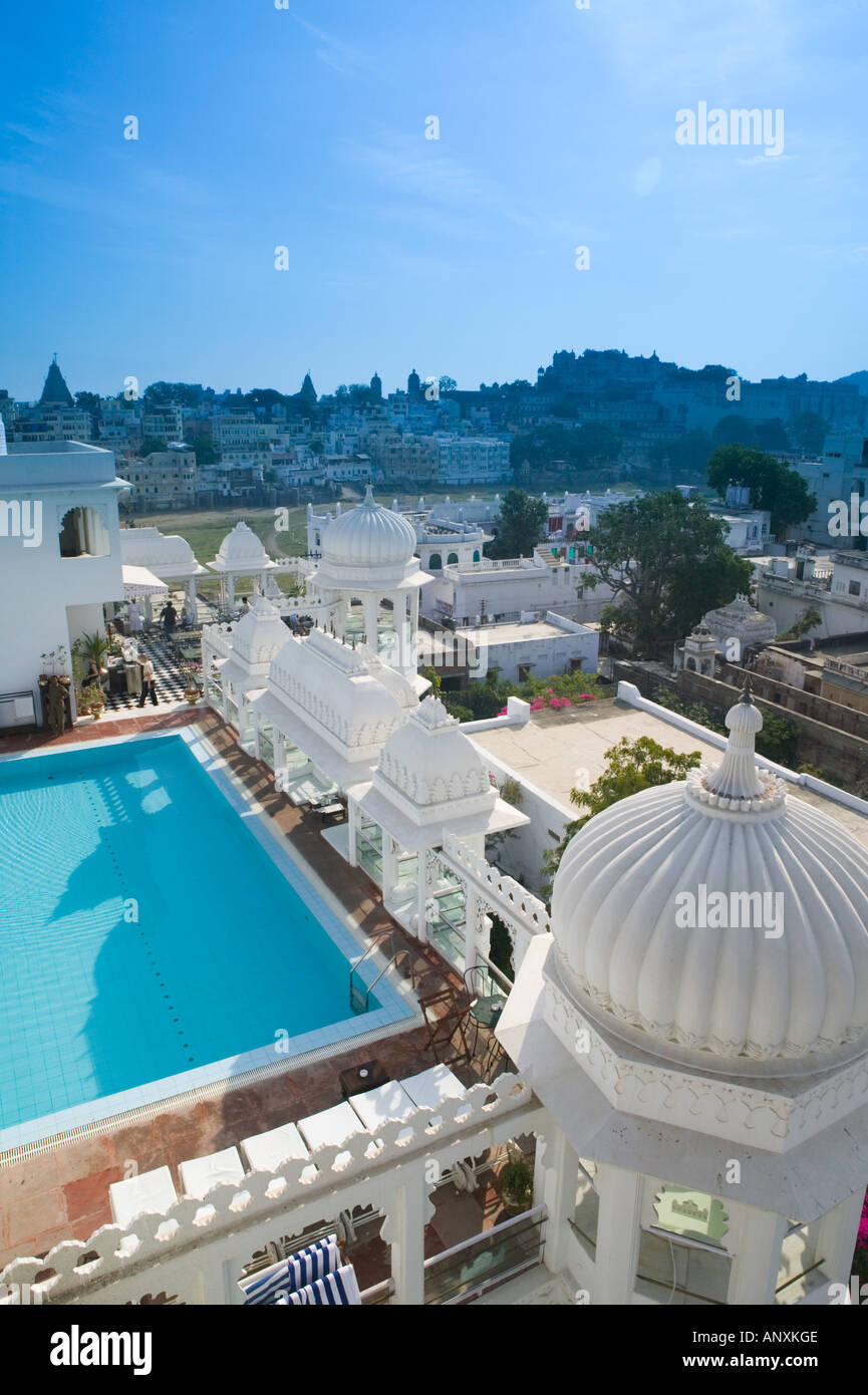 INDIA, Rajasthan, Udaipur: City View from Udai Kothi Hotel Pool Stock Photo