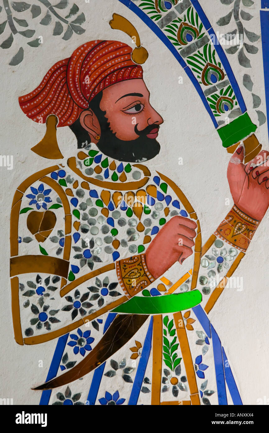 INDIA, Rajasthan, Udaipur: Indian Wall Art, Udai Kothi Hotel Stock Photo