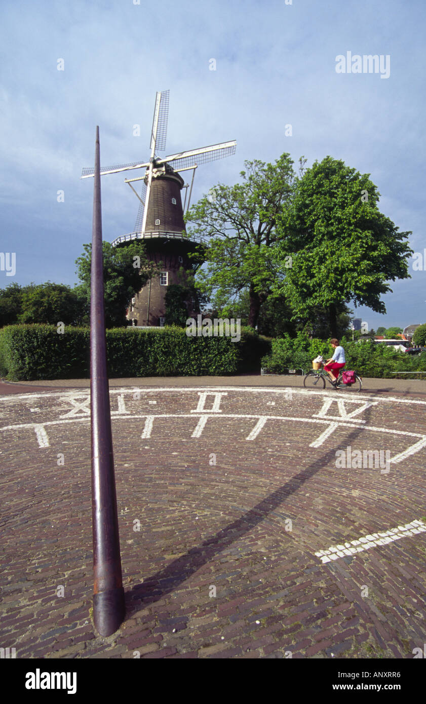 Municipal Windmill Museum De Valk and sundial. Leiden. Leyden. Zuid Holland. Netherlands. Stock Photo