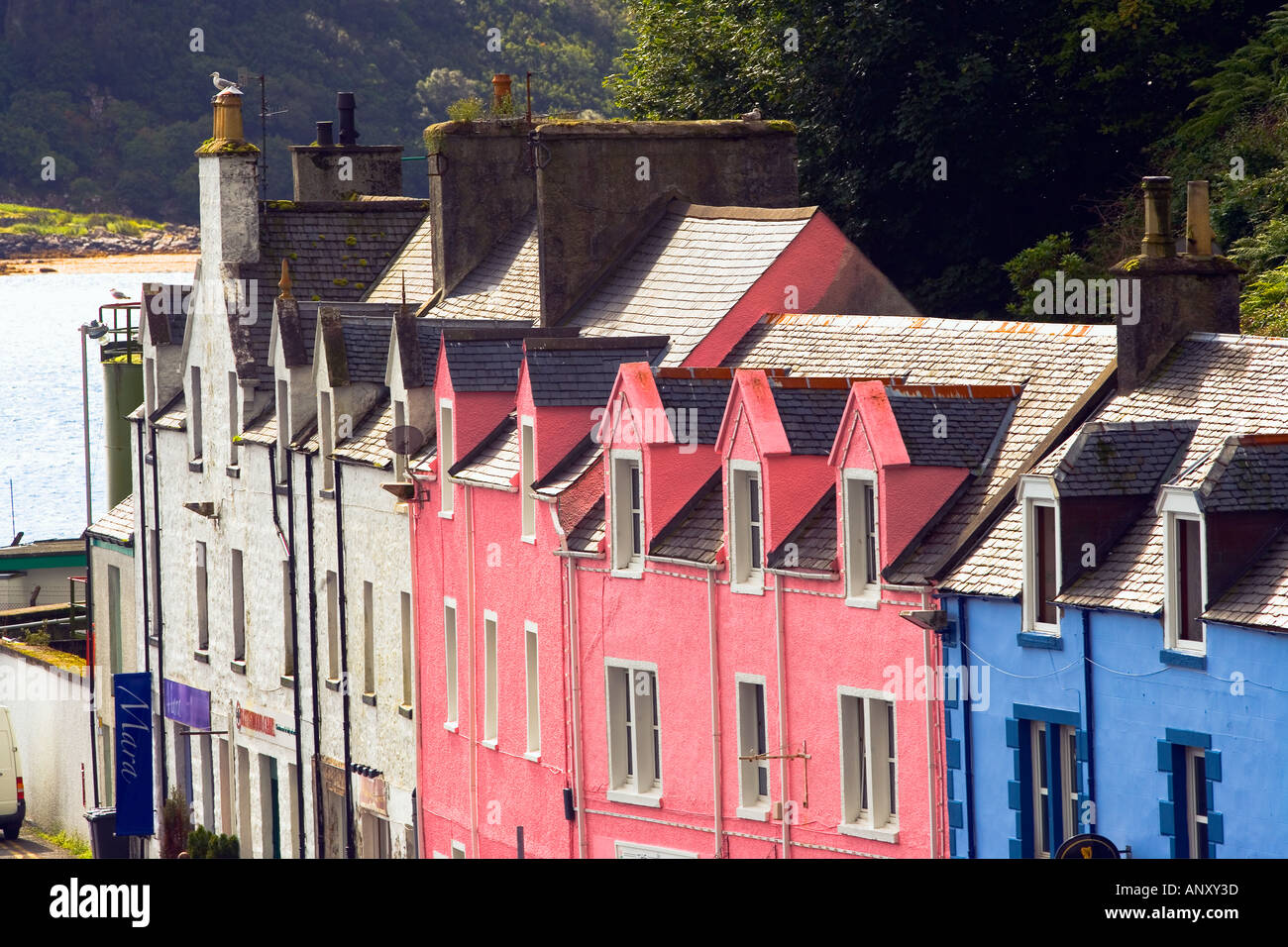 row of colored houses in Portree, Isle of Skye, Scotland Stock Photo