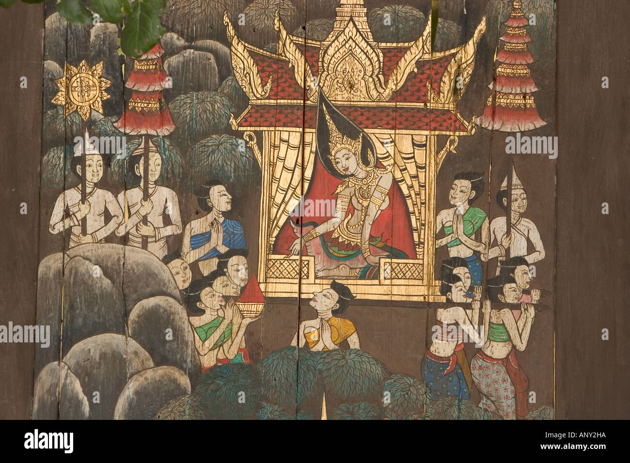 Asia, Laos, Old painting on the temple window, religious and historical
