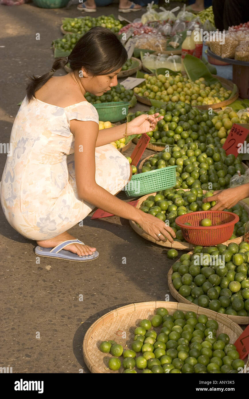 Asia, Thailand, Khon Kaen, Young Woman buying limes. Stock Photo