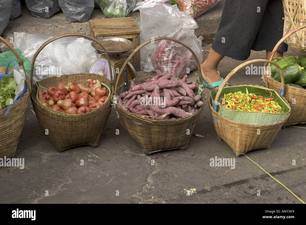 Asia, Thailand, Khon Kaen, Baskets with fruits and vegetable. Stock Photo
