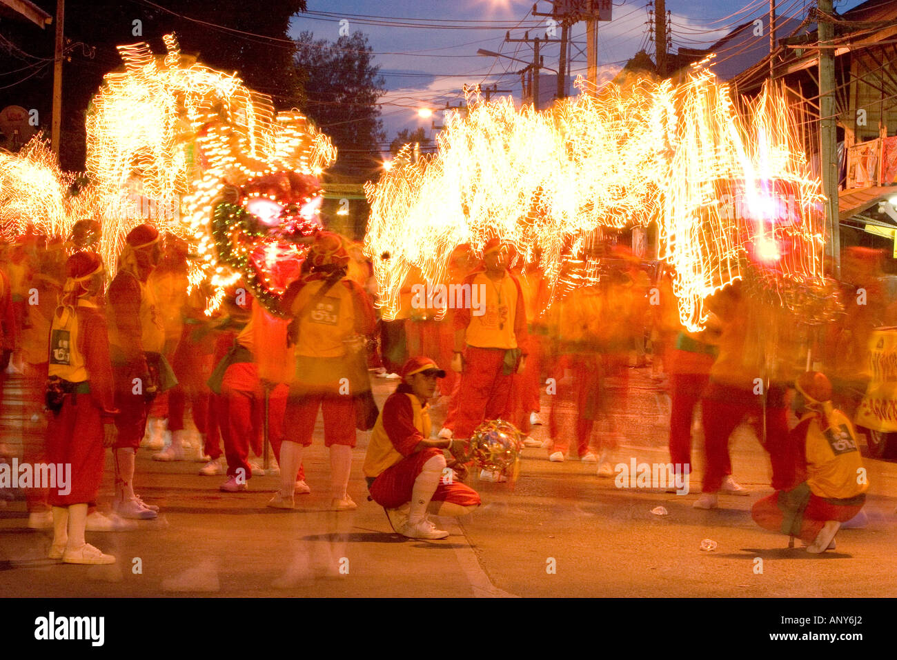Asia Thailand, Khon Kaen, Dragon performers at the Chinese thanks giving  festival. Stock Photo