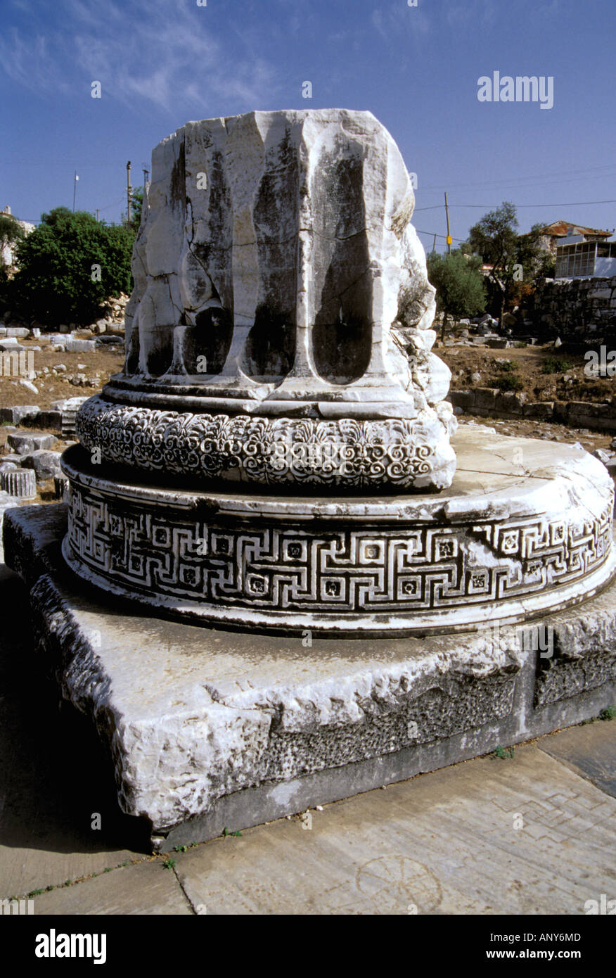 Europe, Middle East, Turkey, Didyma. Detail of ornate column base relief, stone work Stock Photo