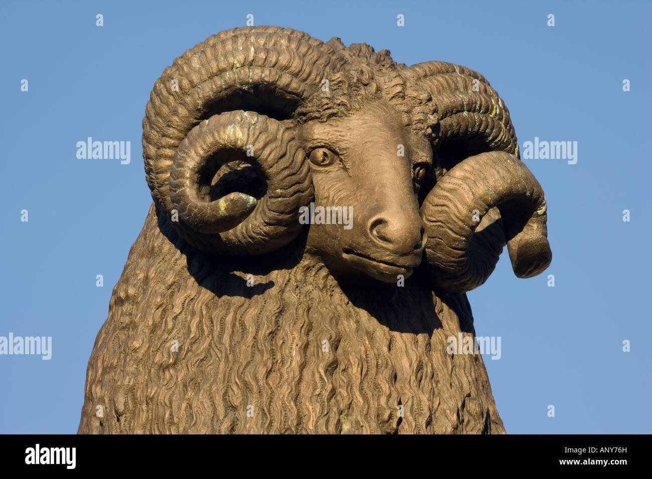 Bronze monument of a ram on Moffat High Street a reminder of Moffats sheep and wool trade of the past Annandale Dumfries and Gal Stock Photo