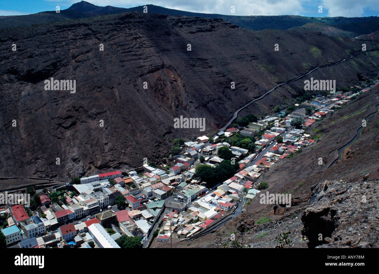 Saint Helena, Jamestown. View over the island's tiny capital from Ladder Hill. Stock Photo
