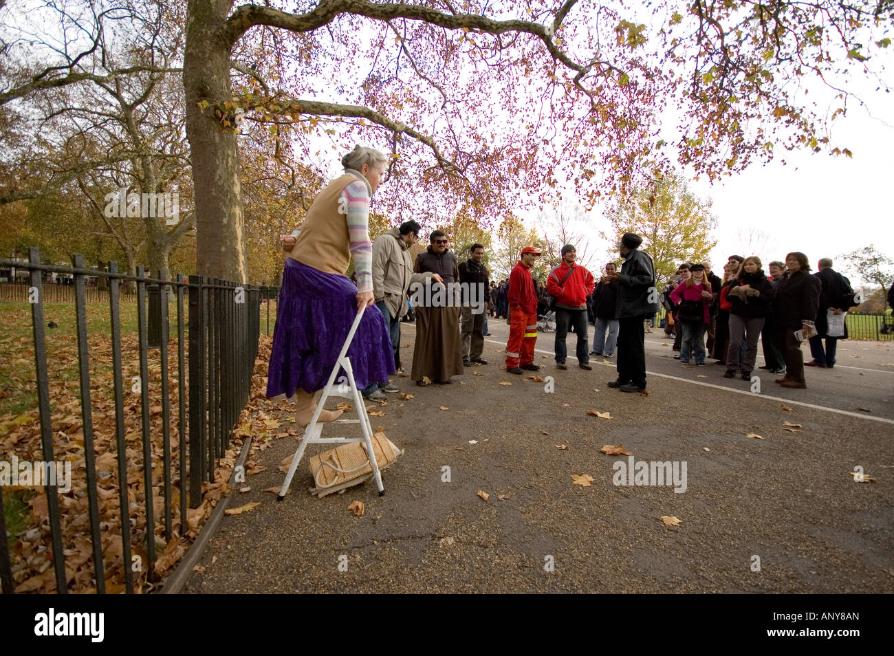 Speakers Corner woman on a ladder talk to the public London Stock Photo