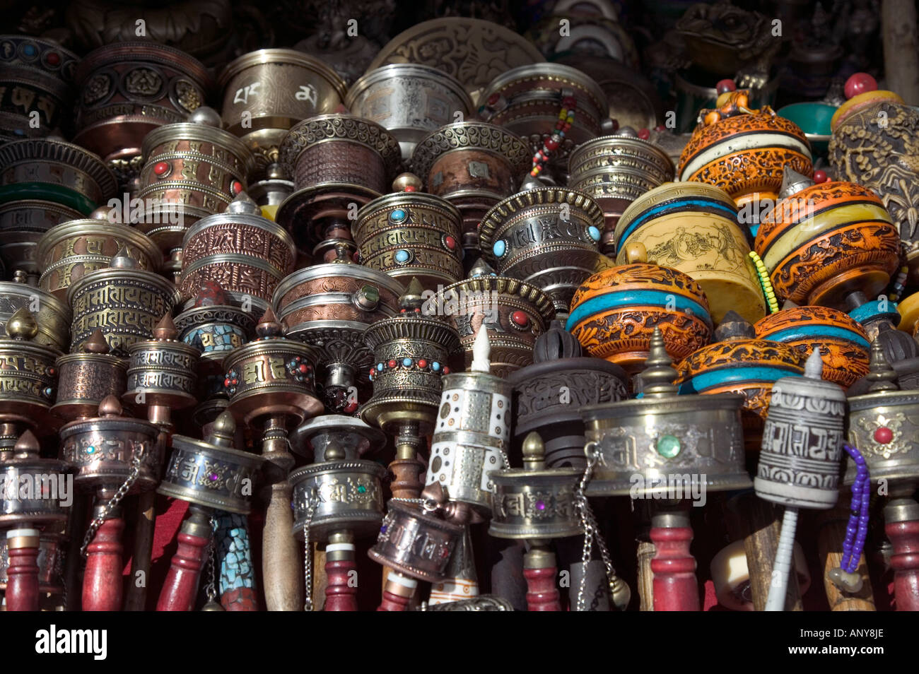 Buddhist prayer wheels for sale, Barkhor Square market, Lhasa, Tibet