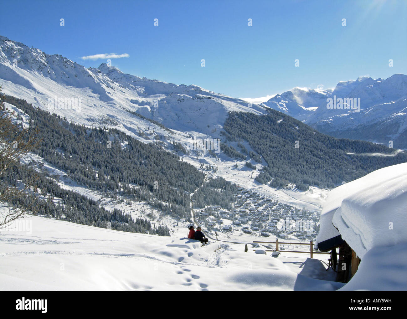 Picnic in the snow above the ski resort of Verbier Switzerland Stock Photo
