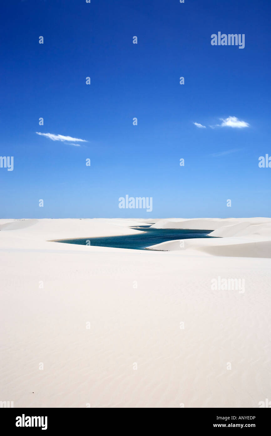 view of lagoa azul in desert sand dunes of the Lencois Maranheses National Park in brazil Stock Photo