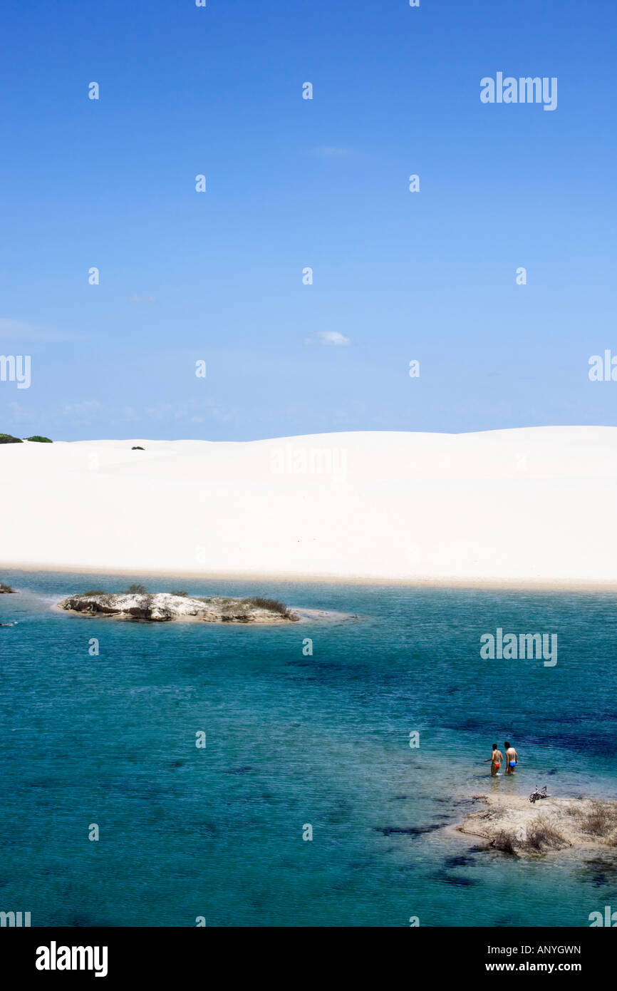 view of lagoa azul in desert sand dunes of the Lencois Maranheses National Park in brazil Stock Photo