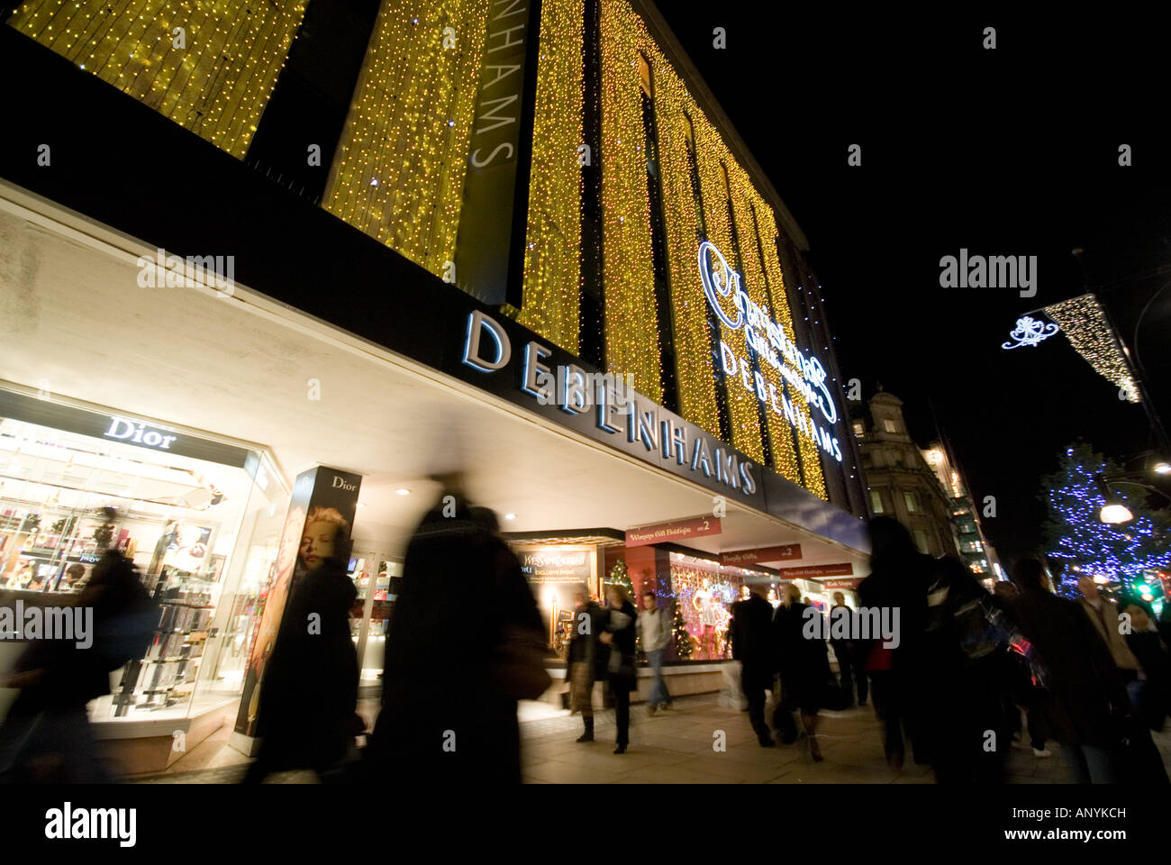 Debenhams Oxford Street in Christmas time by night london Stock Photo