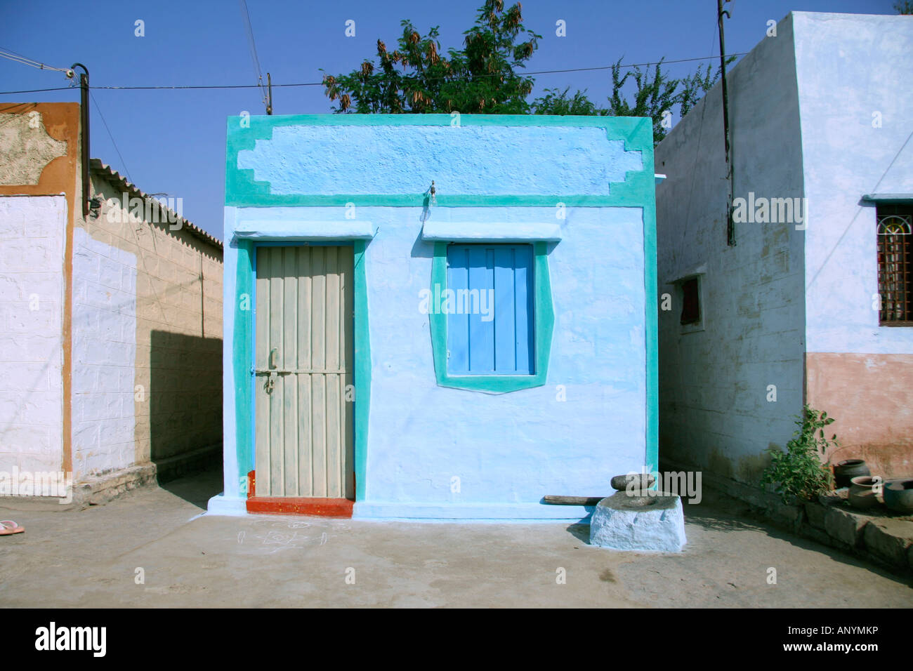 blue indian house in village in hampi india Stock Photo