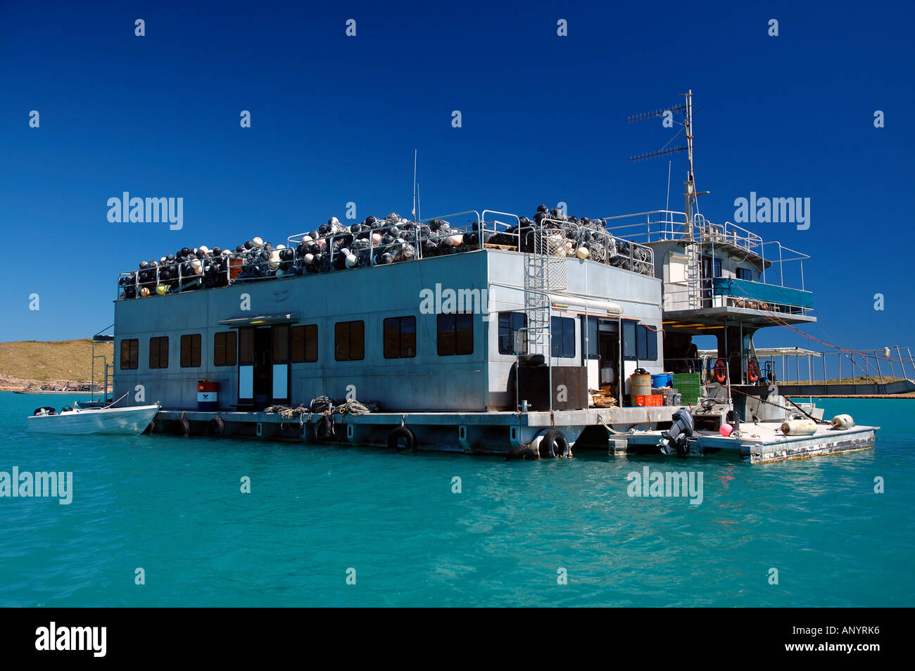 Floating pearl farm worker accommodation, Montebello Barrow islands Marine Conservation Reserve, Pilbara, Western Australia Stock Photo