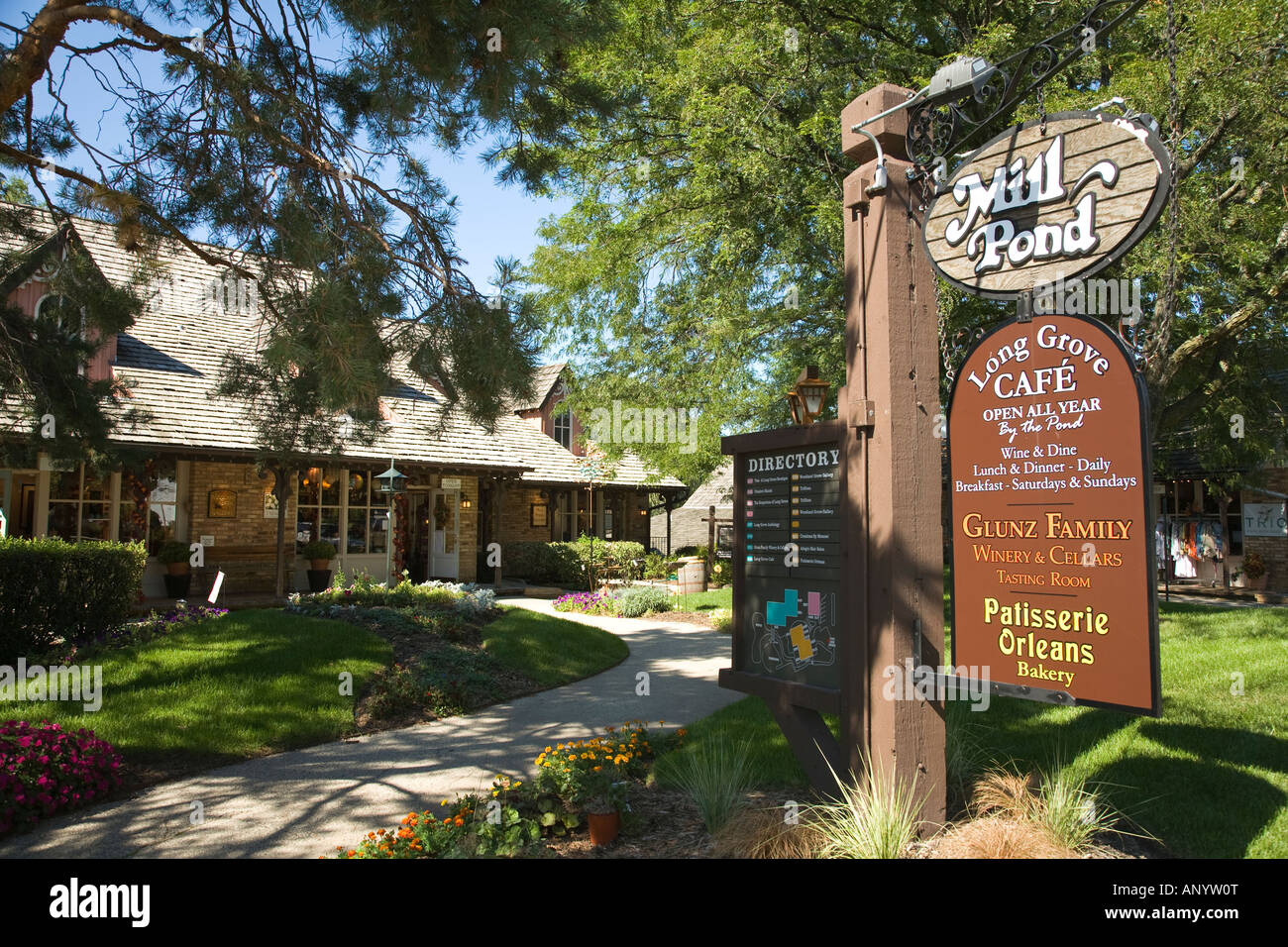 ILLINOIS Long Grove Sign for Mill Pond shops in quaint shopping
