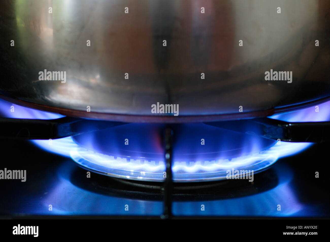 Saucepan cooking over gas flame on cooker hob England United Kingdom