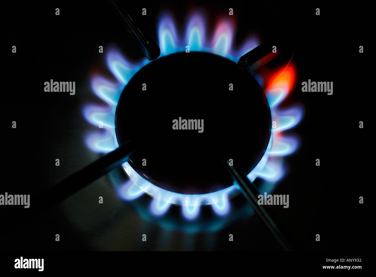 Gas flame blue and red on cooker hob England United Kingdom Stock Photo