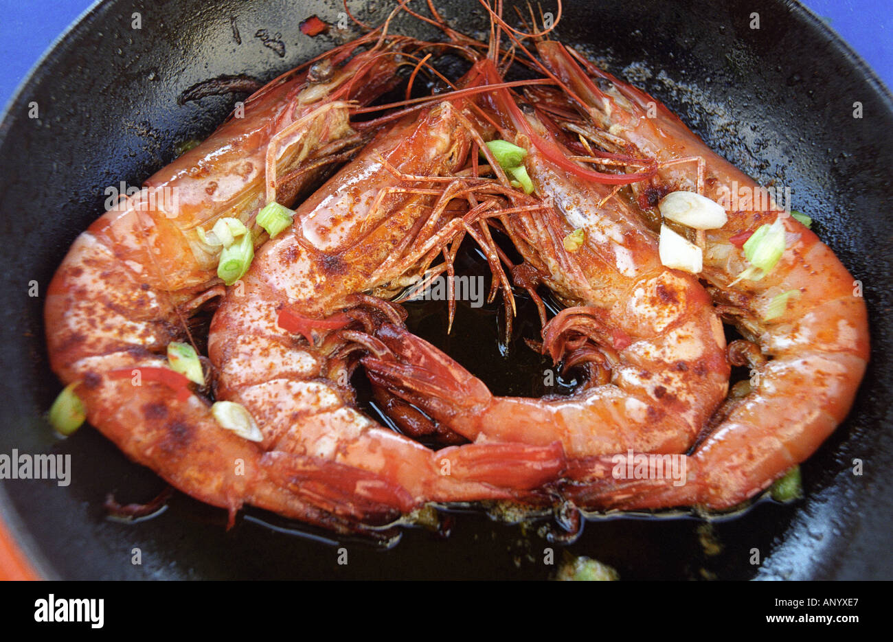 pan fried shell on prawns with garlic and chopped spring onion Stock Photo