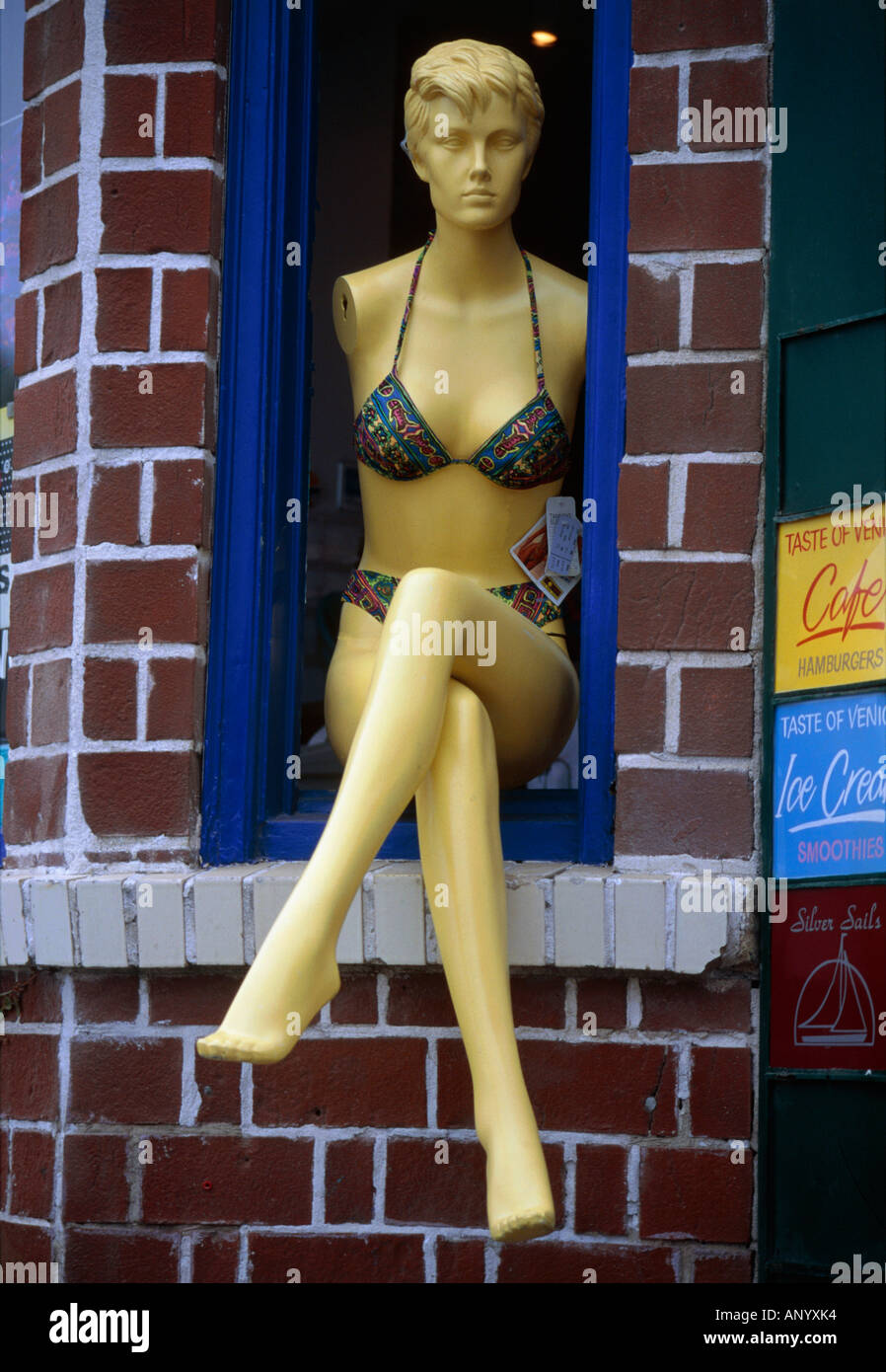 fashion doll in window of boutique city of san diego quarter of mission beach state of california usa editorial use only Stock Photo