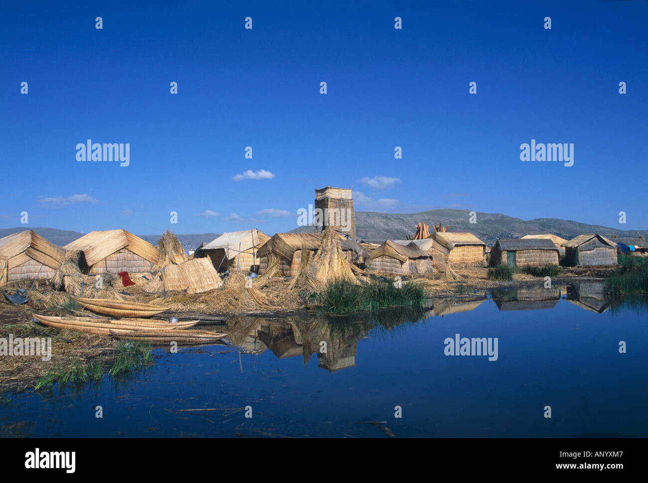 floating island made by totora reed lake titicaca peru bolivia Stock