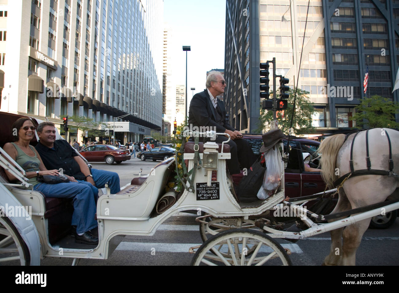 ILLINOIS Chicago Couple riding in horse drawn carriage in downtown