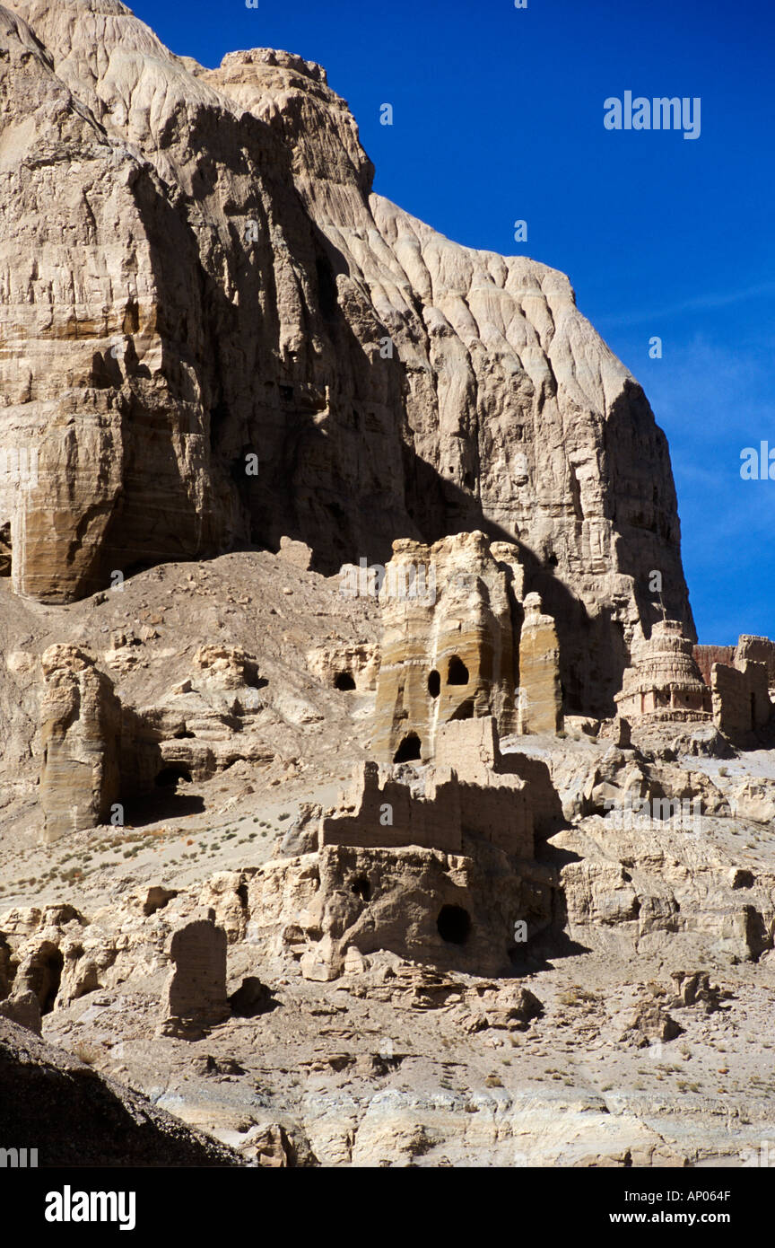 CAVE DWELLINGS a CHORTEN and RUINS dating to the 10th Century in the GUGE KINGDOM west of KAILASH TIBET Stock Photo