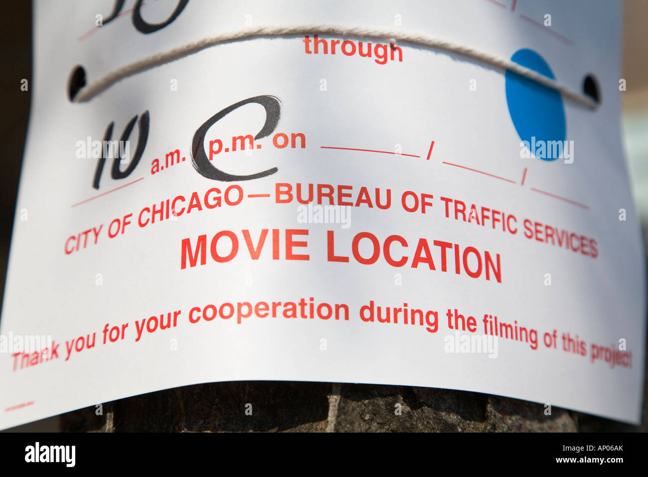 ILLINOIS Chicago Movie Location sign with date on time posted on post Stock Photo