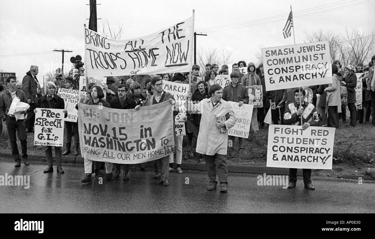 Protesters against the US war in Vietnam are themselves protested against at Fort Devens in Ayer Massachusetts USA in 1970. Stock Photo
