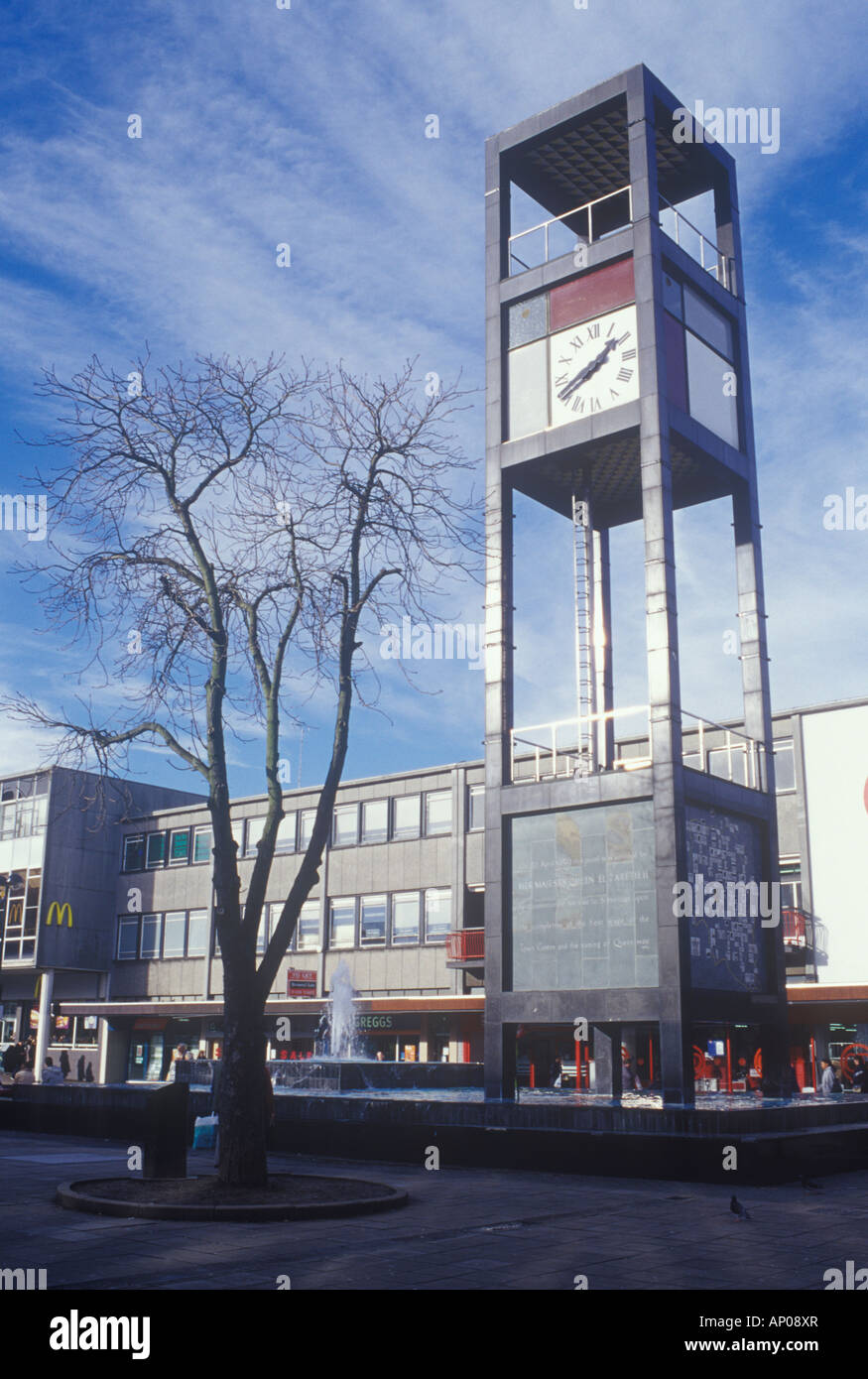 Town Square Stevenage  Hertfordshire UK Centre of Post war new town with clock tower and shopping precinct opened April 1959 Stock Photo