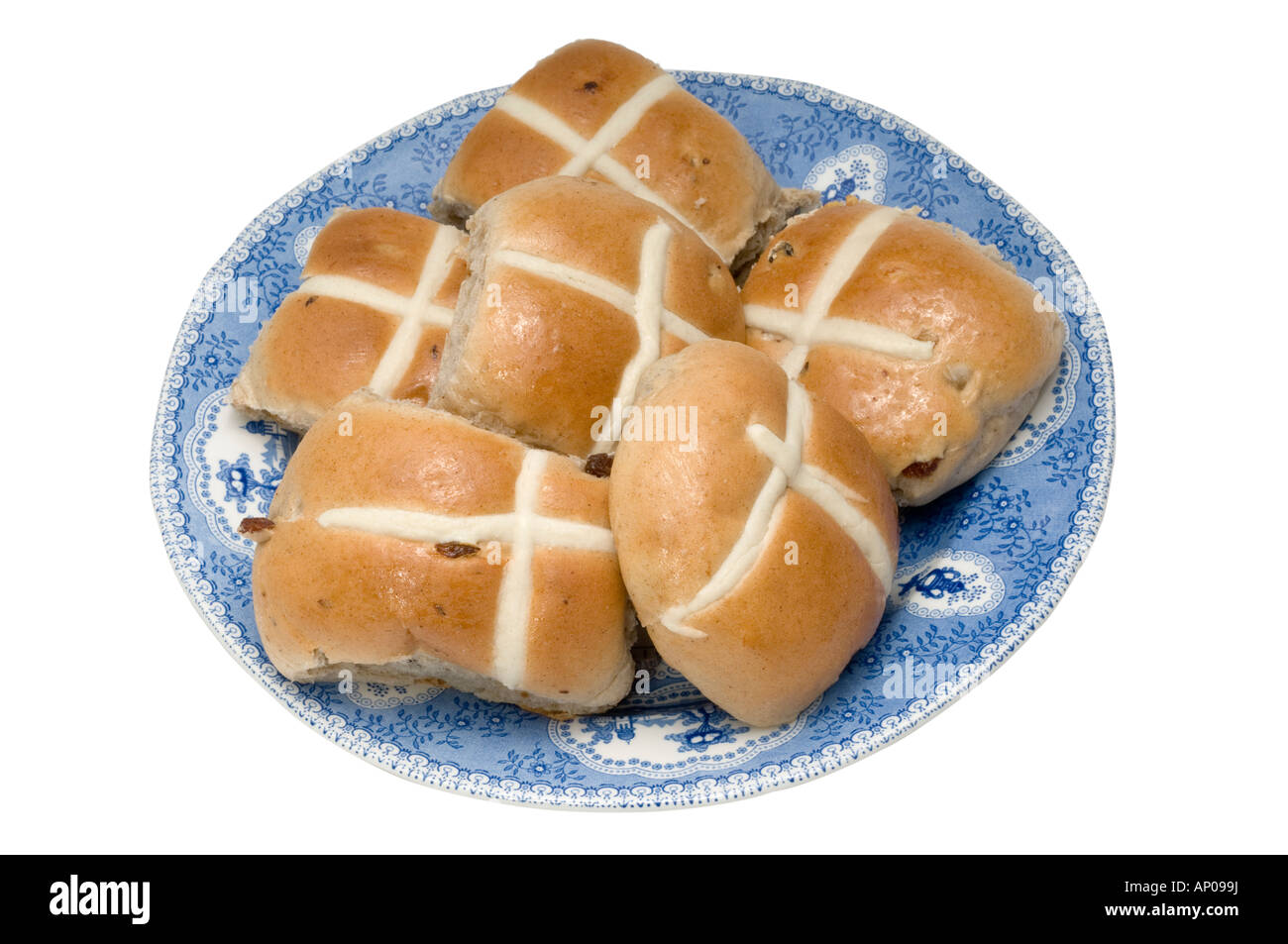 Hot cross buns on a blue plate Stock Photo