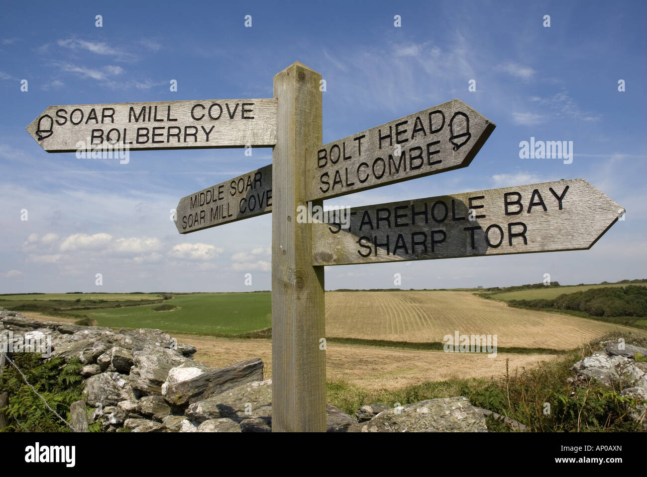 Signpost on the south west coast path near Bolt Head, south Devon Stock Photo