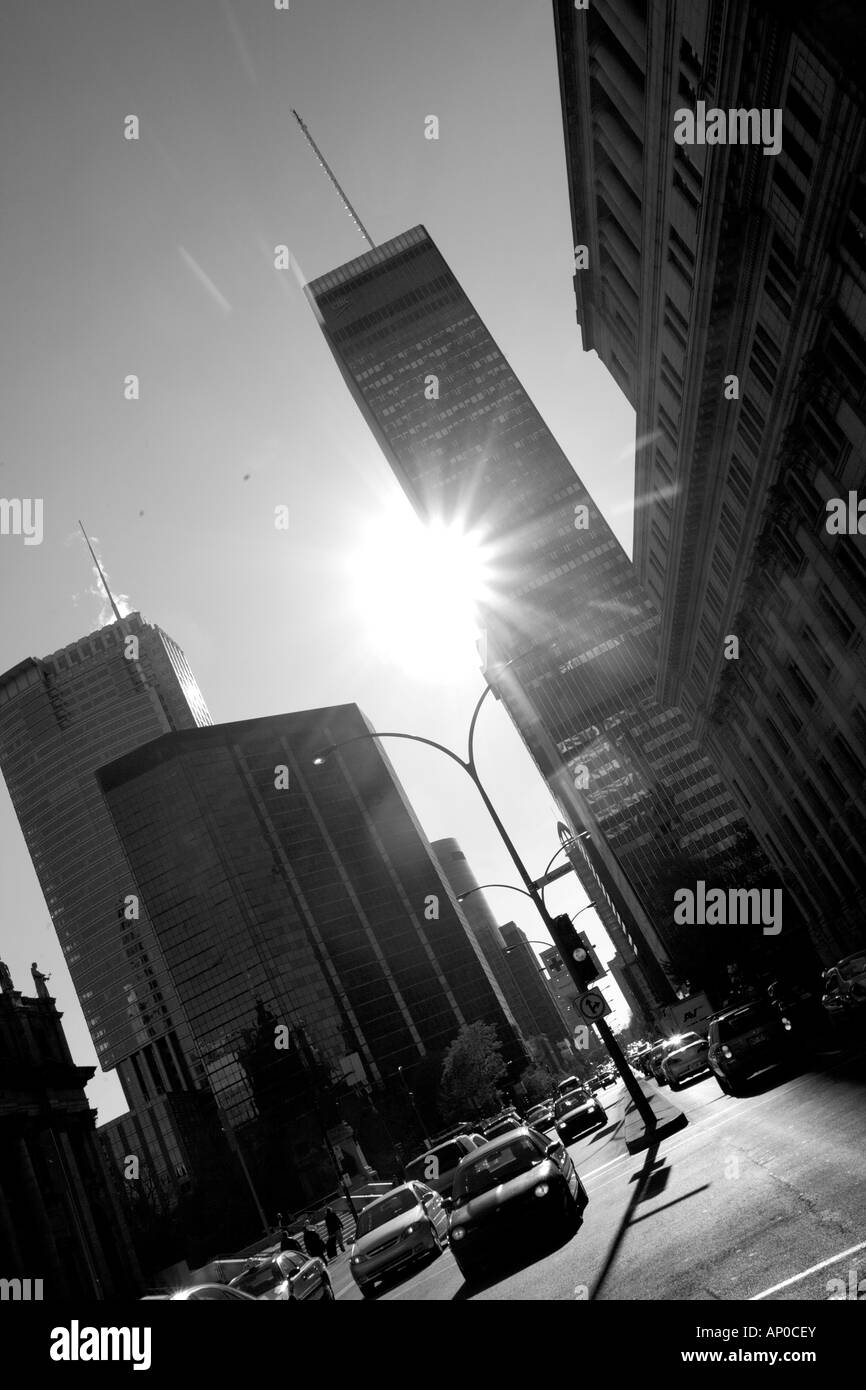 Wide street looking into the sun. International Quarter, Montreal, Canada Stock Photo