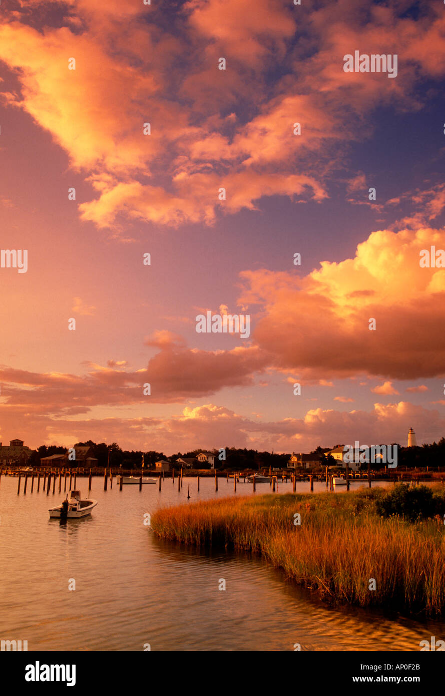 Beautiful sunrise over Silver Lake harbor in the village of Ocracoke on the Outer Banks of North Carolina Stock Photo