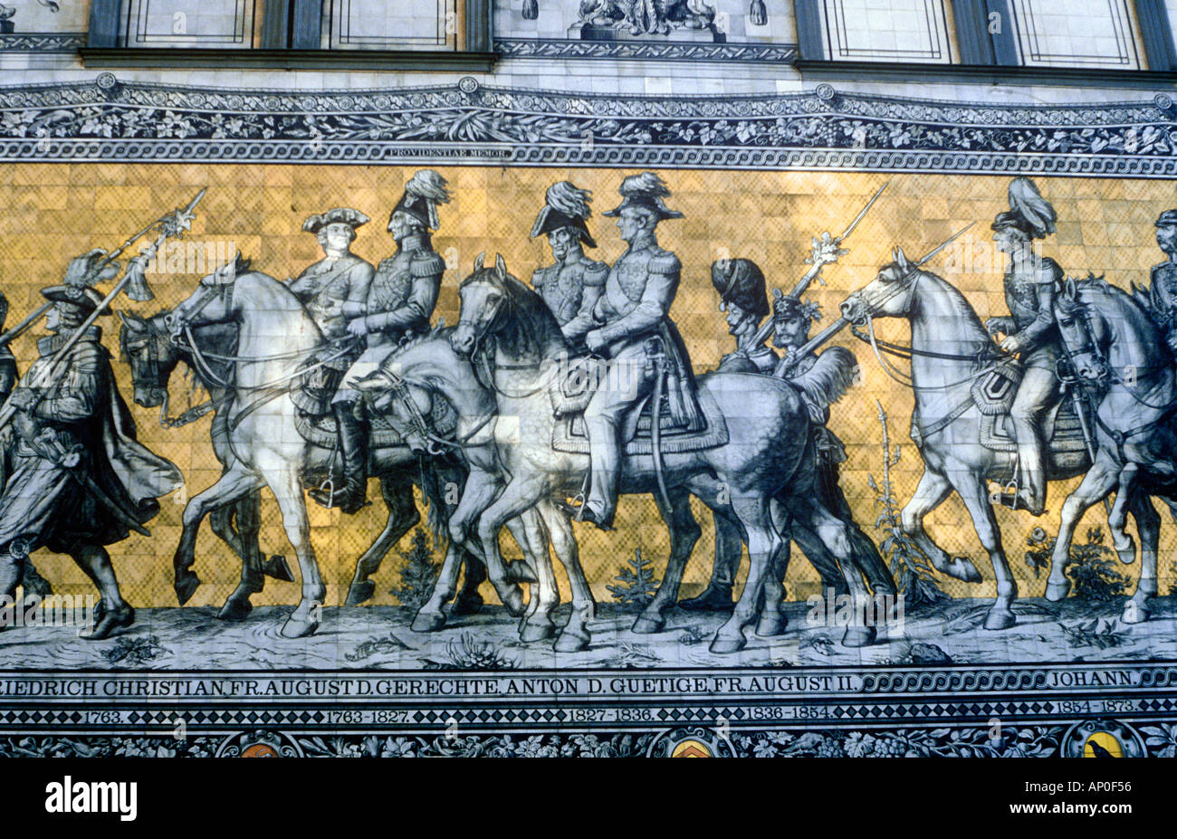 Fürstenzug a mural painting in Dresden, Germany, on Meissen ceramic tiles depicting the ruling dukes of Saxony Stock Photo