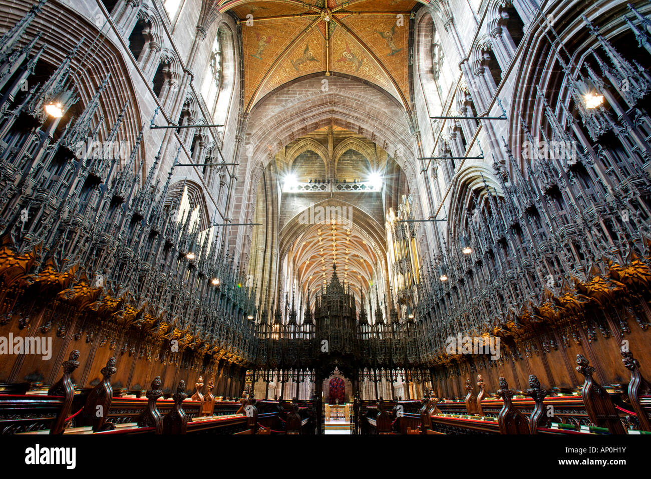 View along choir stalls in Chester Cathedral Stock Photo