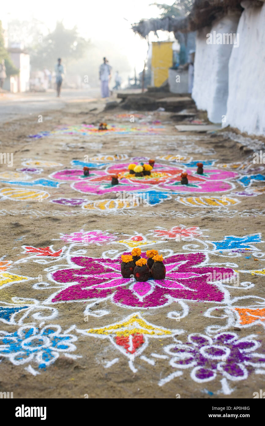 Indian village street with rangoli designs during the festival of Sankranthi / Pongal. Andhra Pradesh Stock Photo