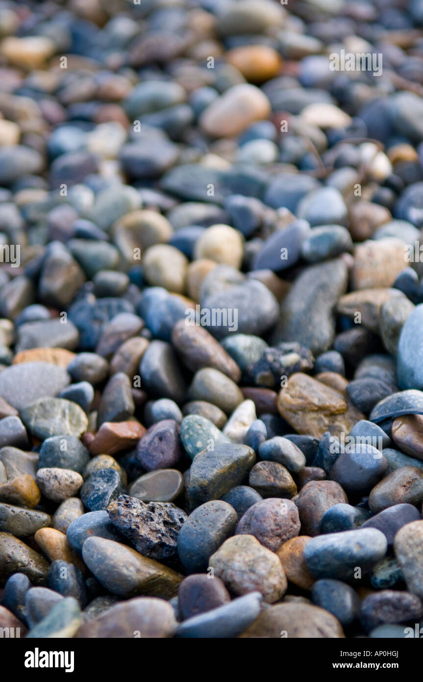 Well rounded pebbles on the shore of the Puget Sound in Tacoma, Washington, United States Stock Photo
