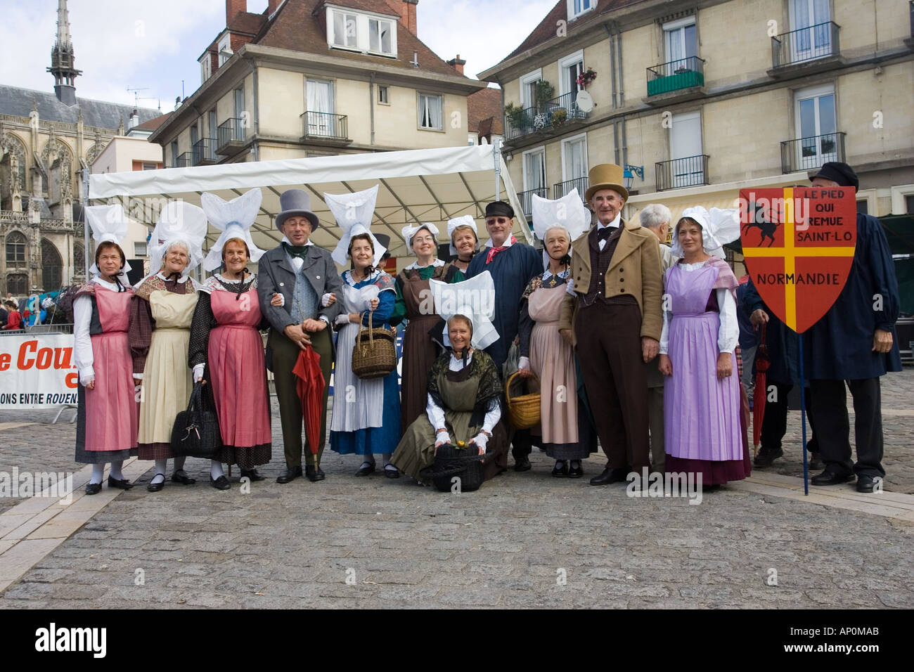 Local French Customs French folk in traditional dress in town square Cider Fete Caudebec en ...