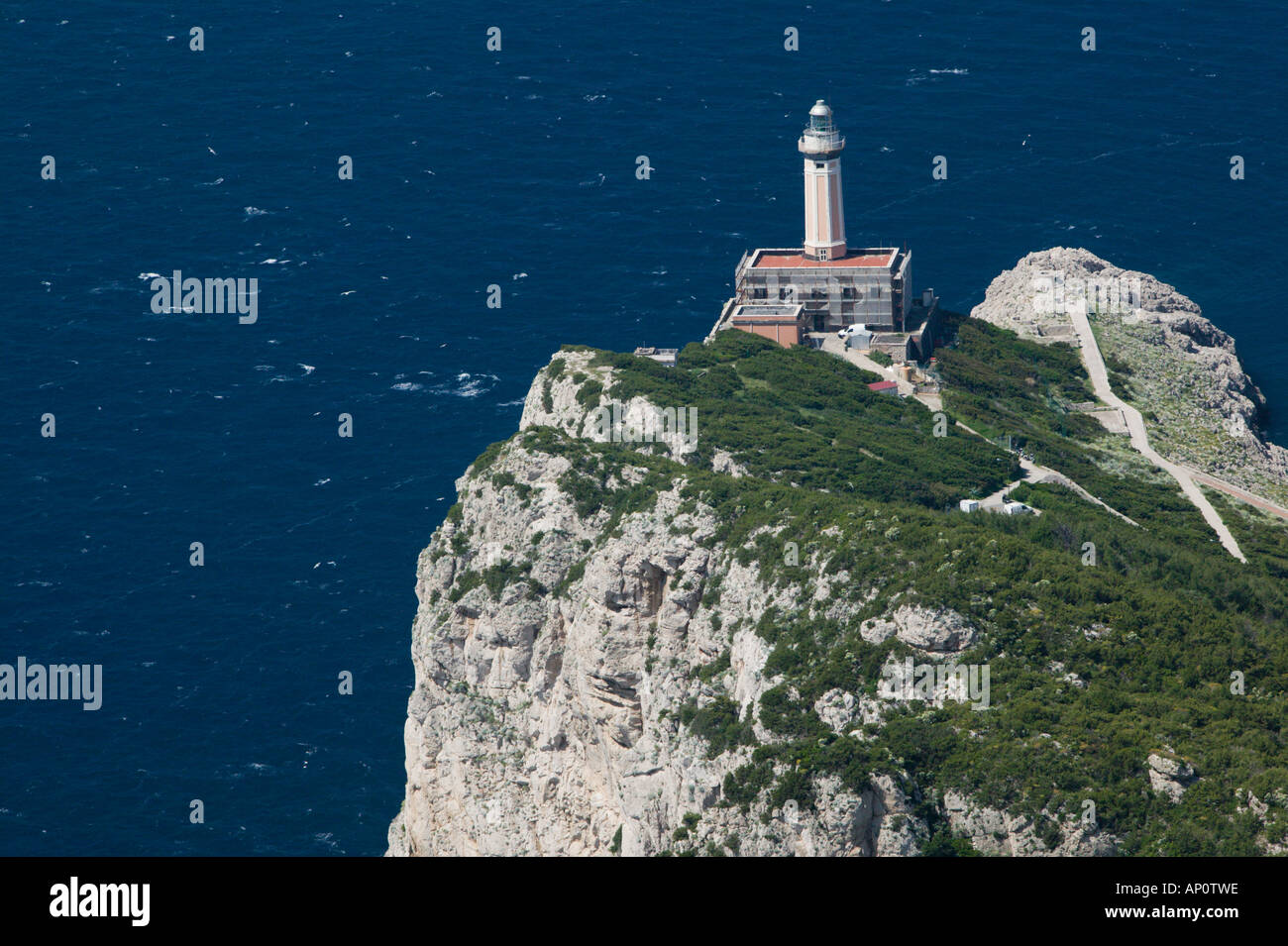 ITALY, Campania, (Bay of Naples), CAPRI, ANACAPRI: Lighthouse at Punta Carena from Belvedere di Migliara Stock Photo