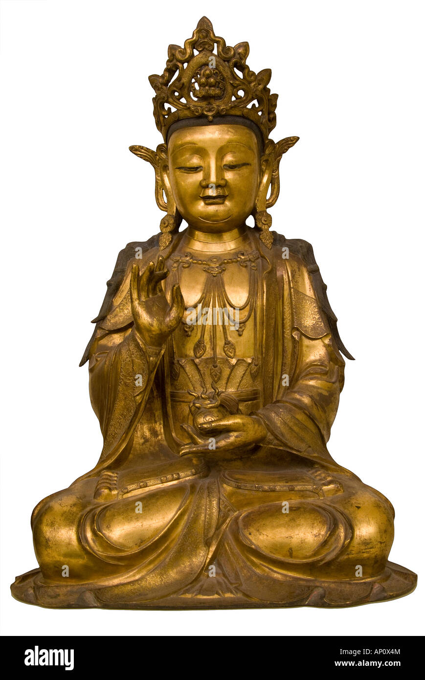 Amitayus gilt bronze buddha of eternal life seated dressed rich clothes jewels of bodhisattva holding small jar containing water Stock Photo