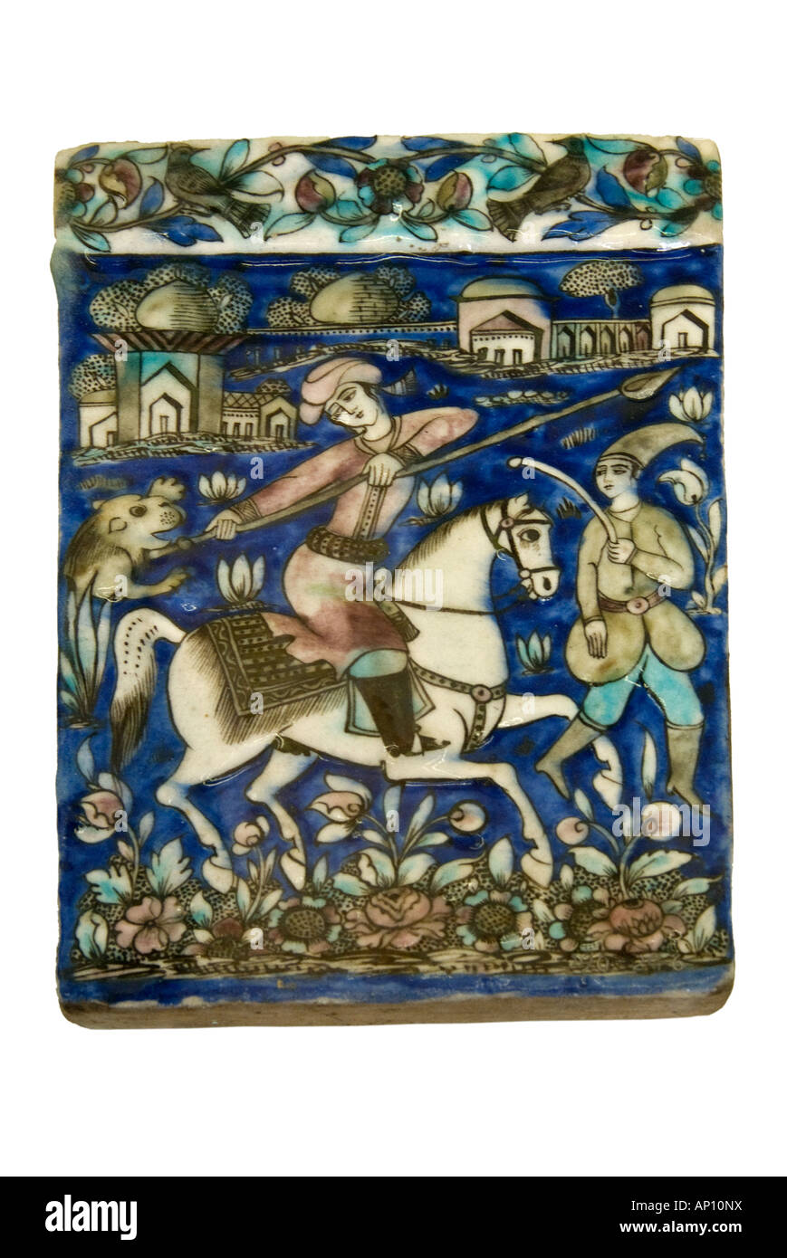 tehran hunting scene iran shah tahmasp 1880 tile horse spear lance Mashad safavid shah  Persia Persian Iranian heritage Ceramic Stock Photo