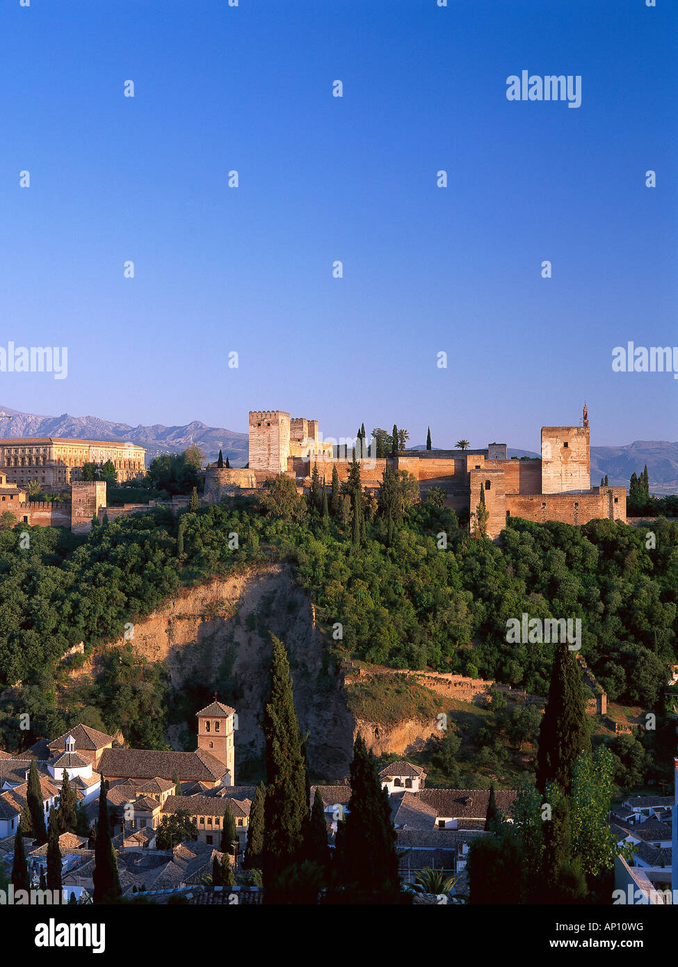 View from Mirador San Nicolas, Albayzin, to the Alhambra, Moorish palace, Granada, Andalusia, Spain Stock Photo